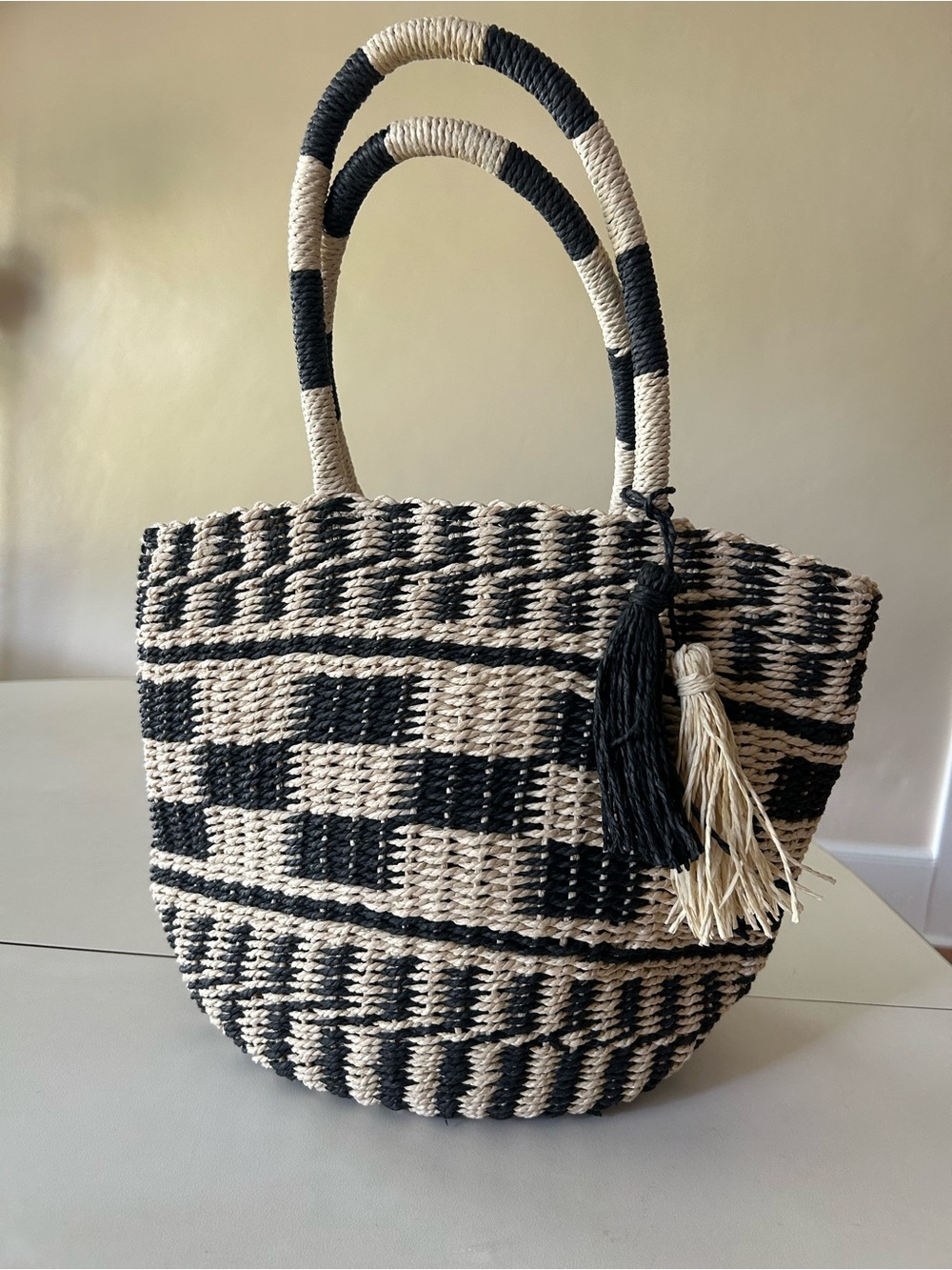 World market Woven Black and Cream Straw Bucket Bag